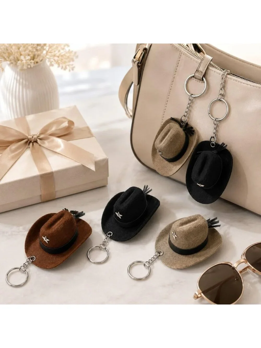 Mini Cowboy Hat Keychain Set - 6 PCS Western Style Tassel Key Rings for Bags